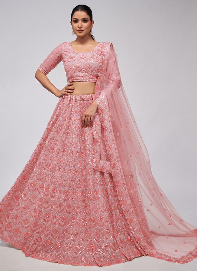 Soft Net Coral Pink Wedding Wear Sequins Work Lehenga Choli